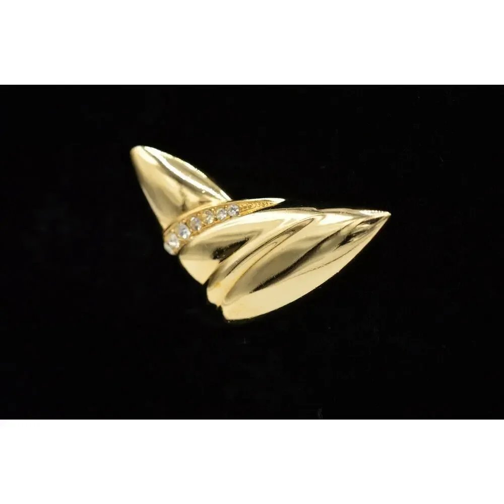 Vintage Statement Pin Brooch Gold Rhinestone Crystal Abstract Shape NOS 1980s 9B